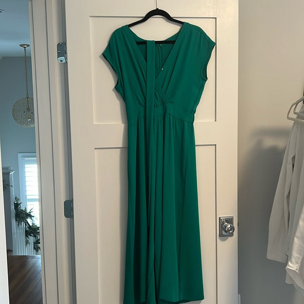 Eliza J green jumpsuit. Perfect for the holidays and a wedding guest